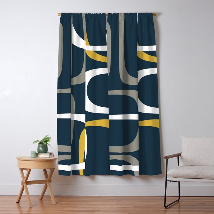 Mid Century Modern Loops Pattern In Light Mustard Yellow, Navy Blue, Gray, And White Window Curtain