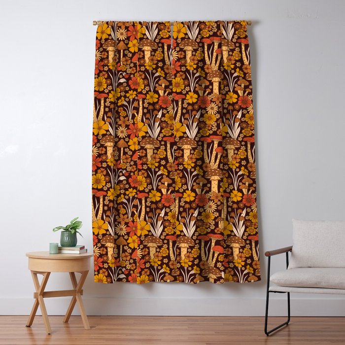Retro 1970s Brown & Orange Mushrooms & Flowers Window Curtain