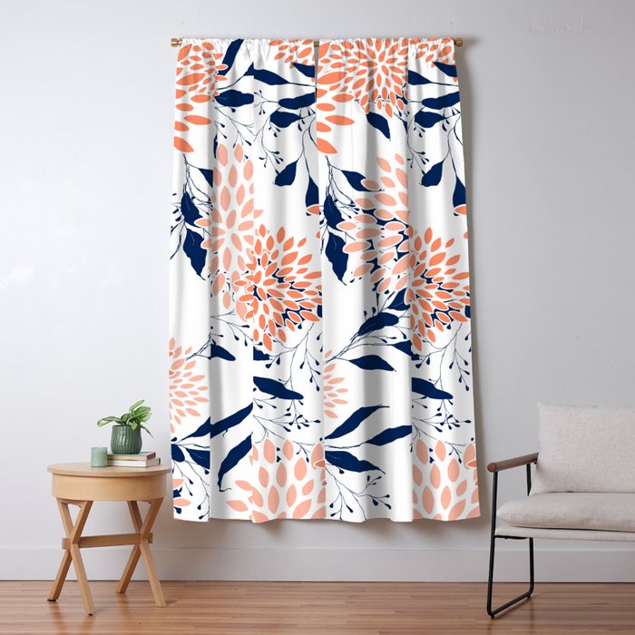 Floral Prints And Leaves, White, Coral And Navy Window Curtain