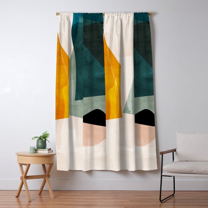 Mid Century Shapes Abstract Painting 3 Window Curtain
