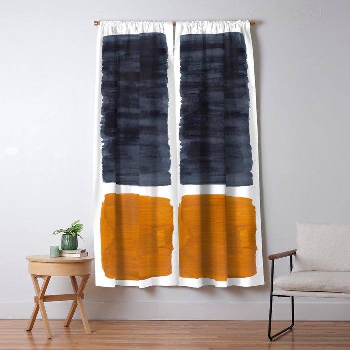 Minimalist Mid Century Modern Colorful Color Field Rothko Navy Blue Yellow Ochre Window Curtain