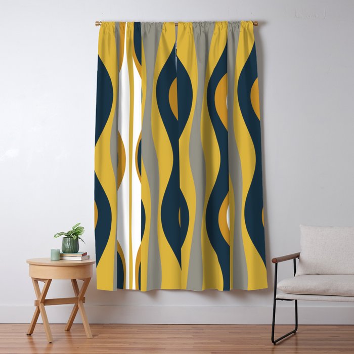 Hourglass Abstract Mid Century Modern Retro Pattern In Mustard Yellow, Navy Blue, Grey, And White Window Curtain