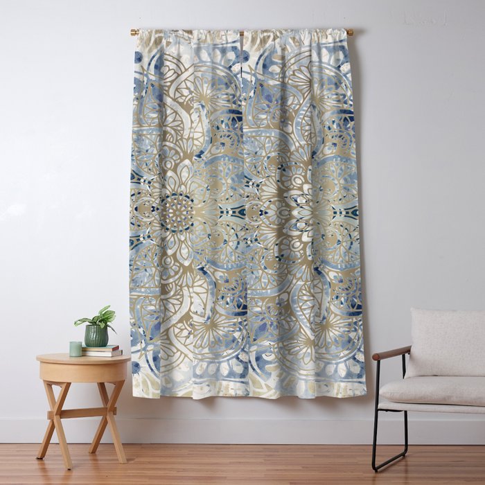 Yoga, Mandala, Blue And Gold Window Curtain