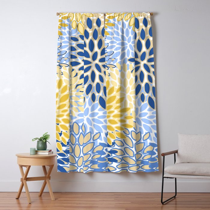 Modern, Floral Prints, Summer, Yellow And Blue Window Curtain