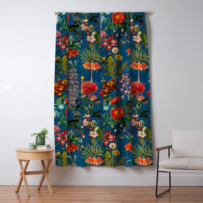 Vintage & Shabby Chic - Blue Midnight Spring Botancial Flower Garden Window Curtain