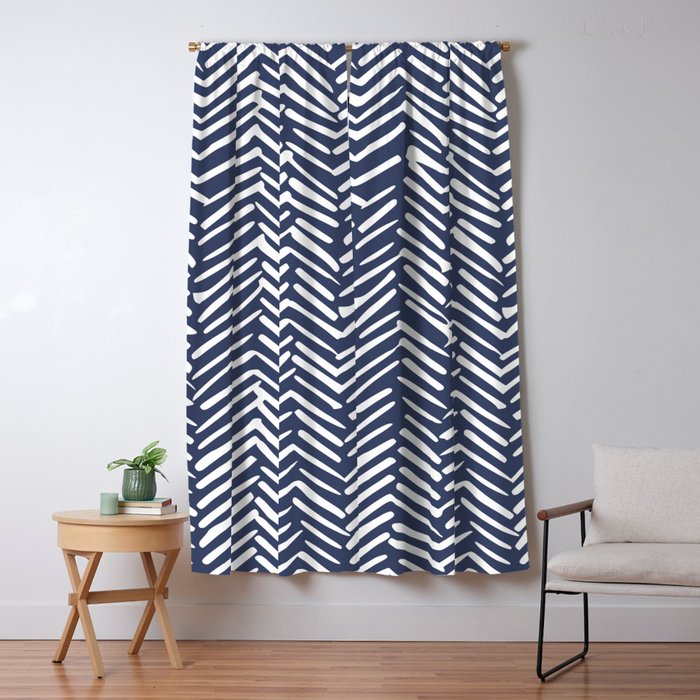 Boho Herringbone Pattern, Navy Blue And White Window Curtain