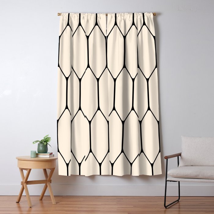 Long Honeycomb Geometric Minimalist Pattern In Almond Cream And Black Window Curtain