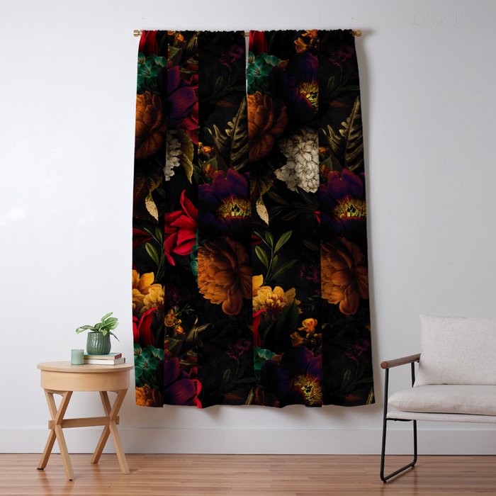 Midnight Hours Dark Vintage Flowers Garden Window Curtain