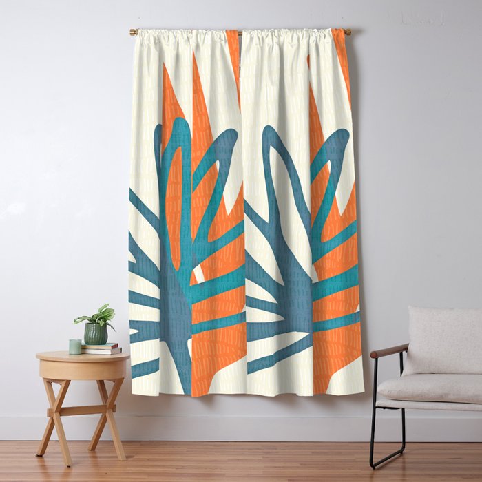 Mid Century Nature Print / Teal And Orange Window Curtain