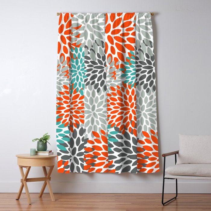 Floral Pattern, Abstract, Orange, Teal And Gray Window Curtain