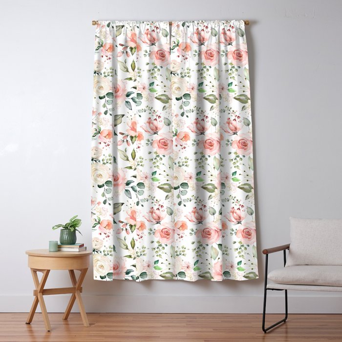 Sunny Floral Pastel Pink Watercolor Flower Pattern Window Curtain