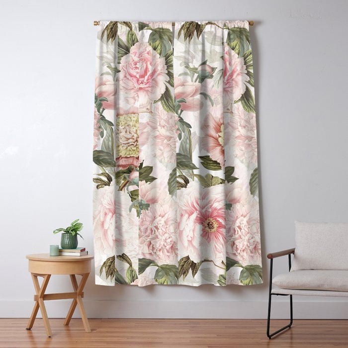 Vintage & Shabby Chic - Antique Pink Peony Flowers Garden Window Curtain
