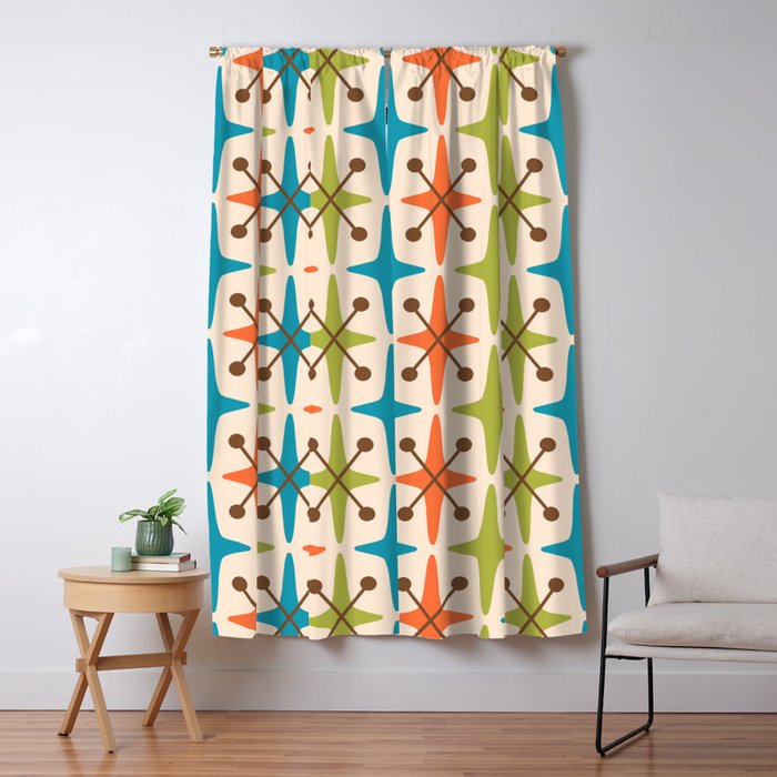 Mid Century Modern Atomic Starburst Pattern 441 Orange Brown Turquoise Chartreuse Window Curtain