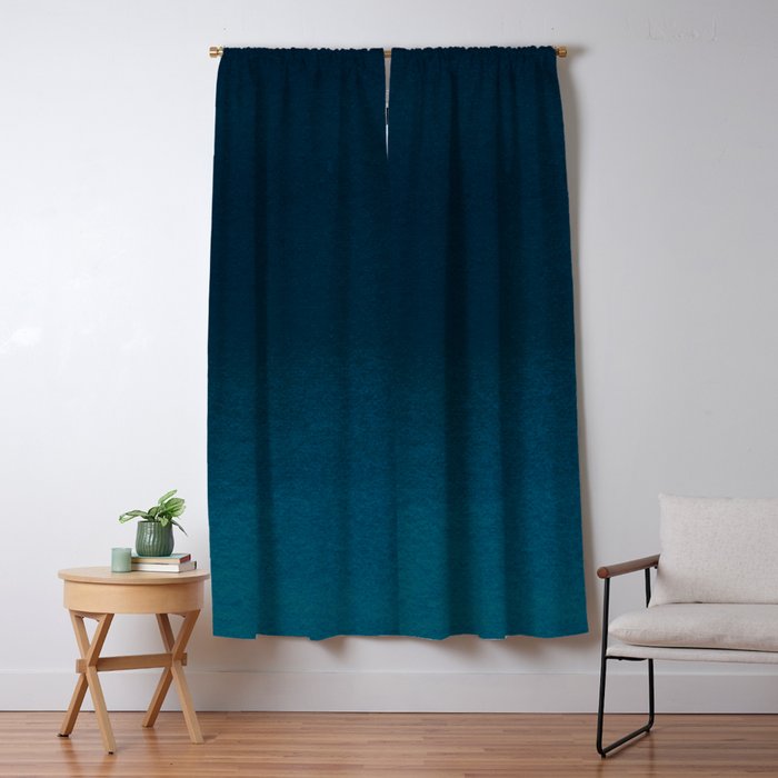 Navy Blue Teal Hand Painted Watercolor Paint Ombre Window Curtain