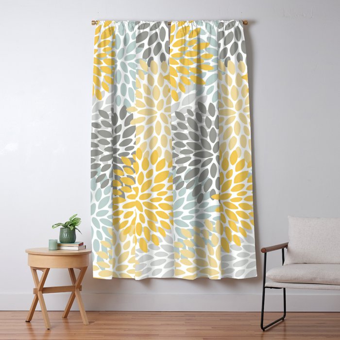Floral Pattern, Yellow, Pale, Aqua And Gray Window Curtain