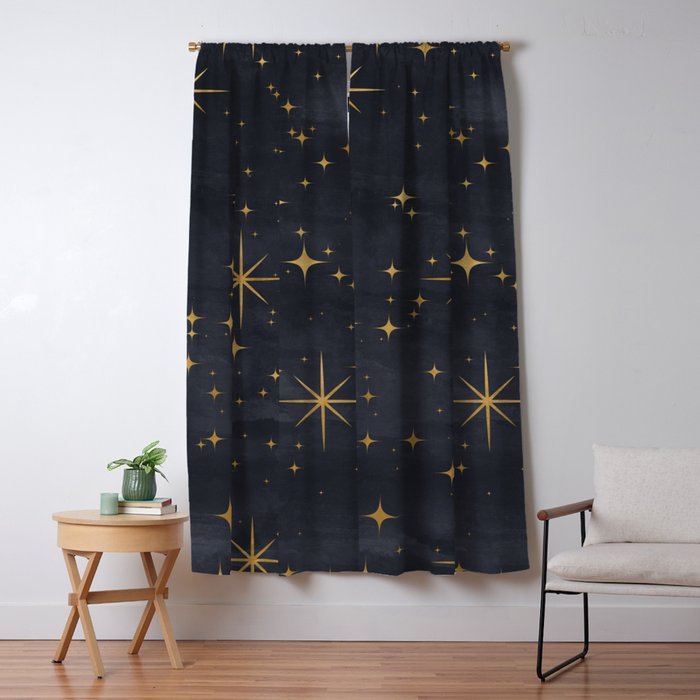 Gold Stars Black Ink Night Sky Magical Mid Century Pattern Window Curtain