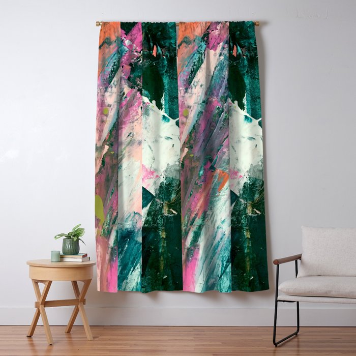 Meditate [2]: A Vibrant, Colorful Abstract Piece In Bright Green, Teal, Pink, Orange, And White Window Curtain