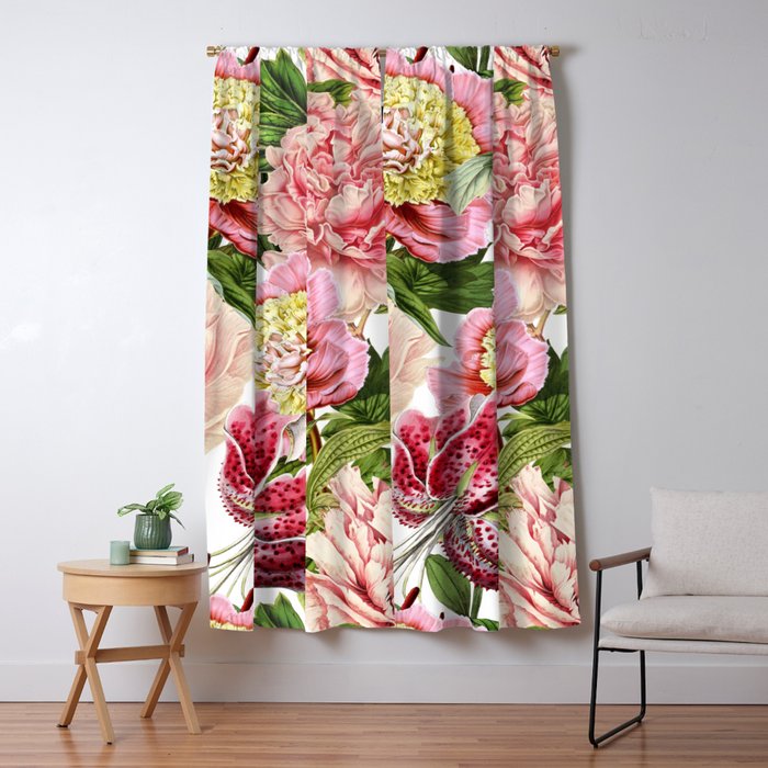 Vintage & Shabby Chic Floral Peony & Lily Flowers Watercolor Pattern Window Curtain