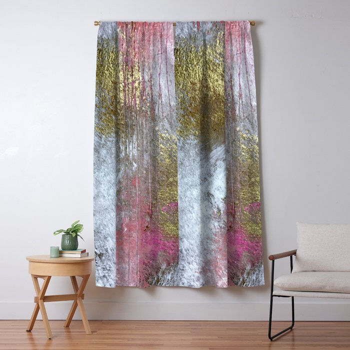 Golden Girl: A Pretty Abstract Mixed Media Piece In Pink, White, Gold, And Gray Window Curtain