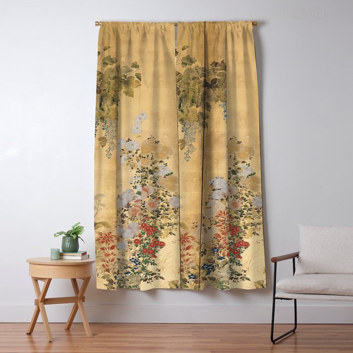 Japanese Edo Period Six-Panel Gold Leaf Screen - Spring And Autumn Flowers Window Curtain