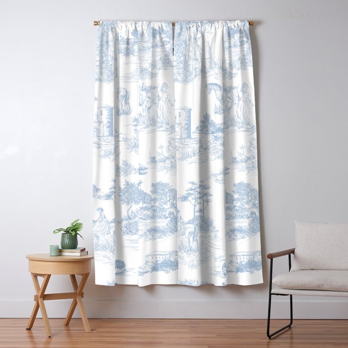 Toile De Jouy Vintage French Soft Baby Blue White Pastoral Pattern Window Curtain