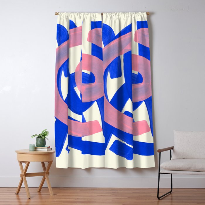 Tribal Pink Blue Fun Colorful Mid Century Modern Abstract Painting Shapes Pattern Window Curtain