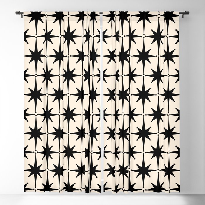Midcentury Modern Atomic Age Starburst Pattern In Black And Almond Cream Window Curtain