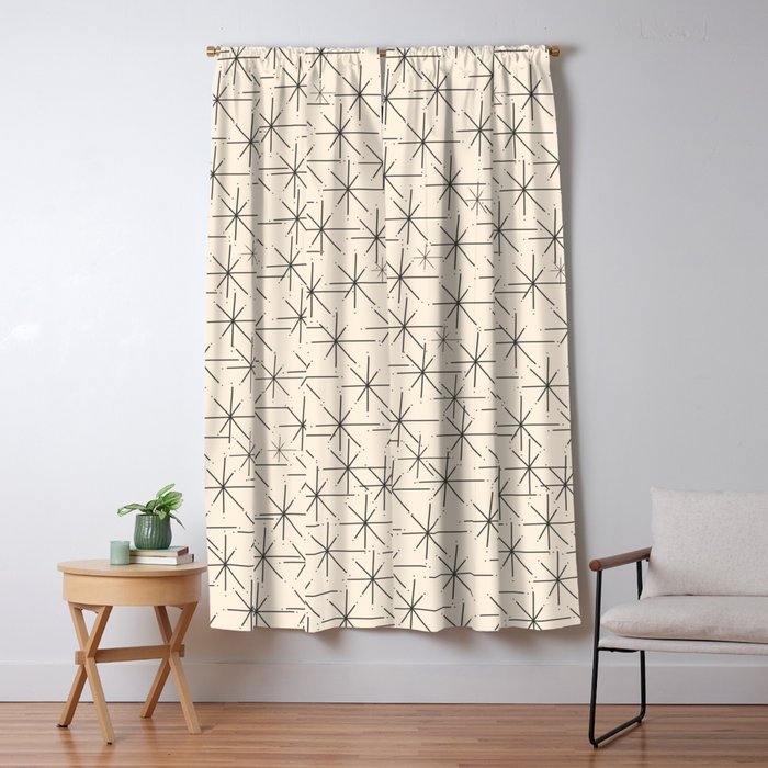 Stella - Atomic Age Mid Century Modern Starburst Pattern In Charcoal Gray And Almond Cream Window Curtain