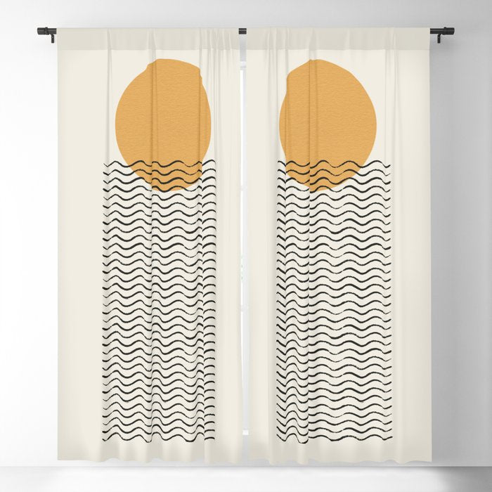 Ocean Wave Gold Sunrise - Mid Century Style Window Curtain