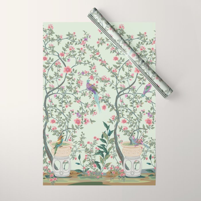 Chinoiserie Mint Green Pastel Fresco Floral Garden Birds Oriental Botanical Wrapping Paper