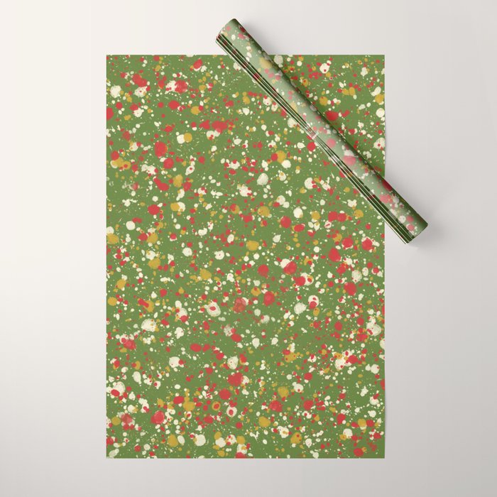 Christmas Spatter Paint In Retro Xmas Red, Cream, Gold, And Olive Green Wrapping Paper