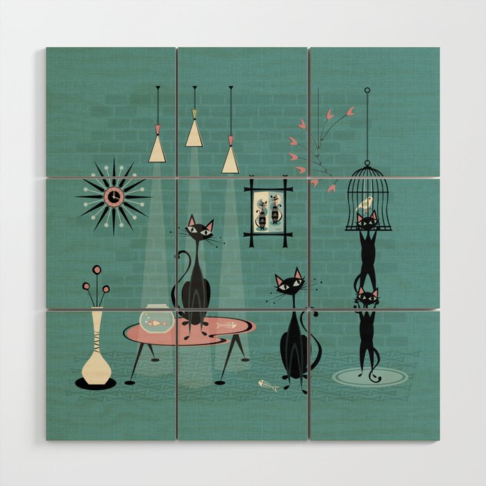 Mid Century Kitty Mischief - ©Studioxtine Wood Wall Art