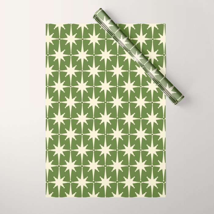 Atomic Age Starbursts - Midcentury Modern Pattern In Cream And Retro Green Wrapping Paper