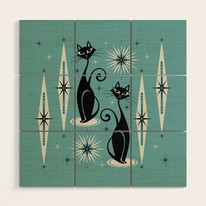 Mid Century Meow Retro Atomic Cats On Blue Wood Wall Art