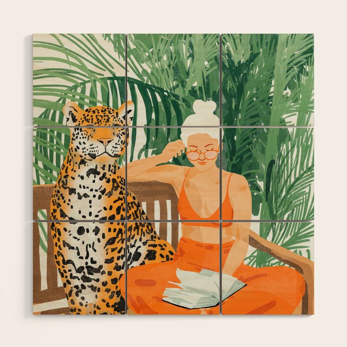 Jungle Vacay | Modern Bohemian Blonde Woman Tropical Travel | Leopard Wildlife Forest Reader Wood Wall Art