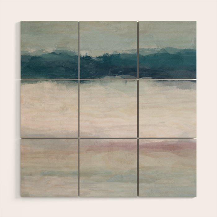 Lullaby Waves I - Dark Teal Blue White Pink Light Blue Modern Art, Ocean Waves Diptych Nursery Beach Wood Wall Art