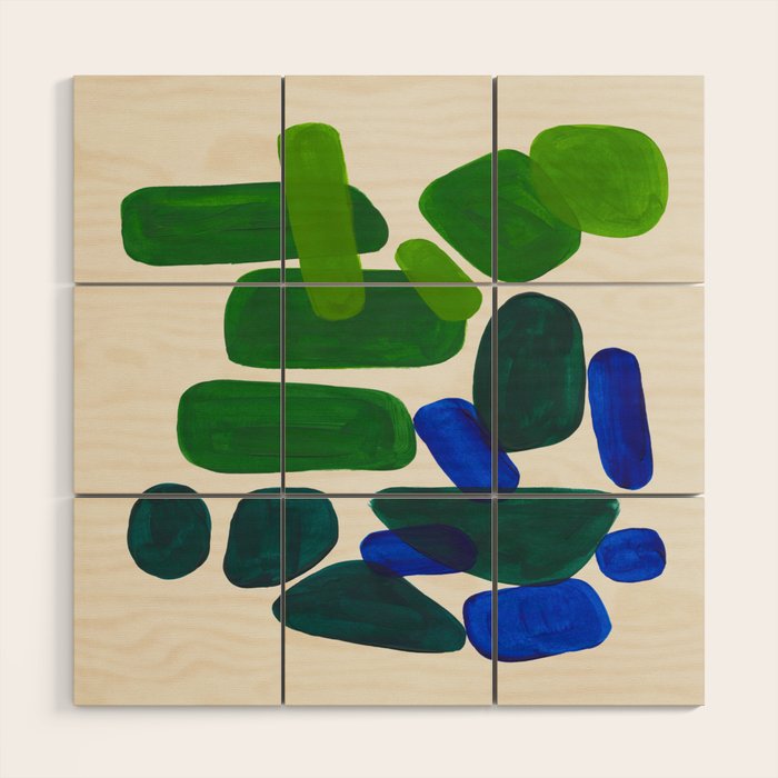Minimalist Modern Mid Century Colorful Abstract Shapes Phthalo Blue Lime Green Gradient Overlapping Wood Wall Art