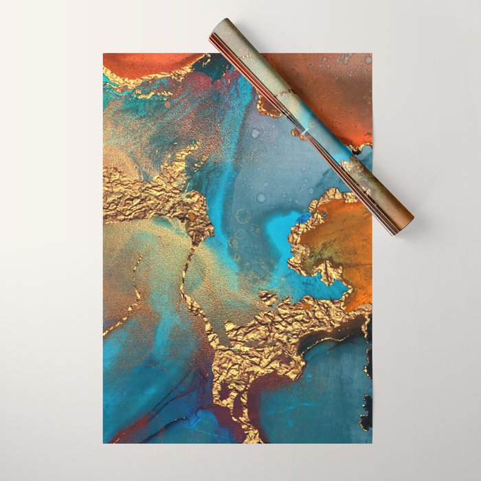 Abstract Blue And Gold Autumn Marble Wrapping Paper
