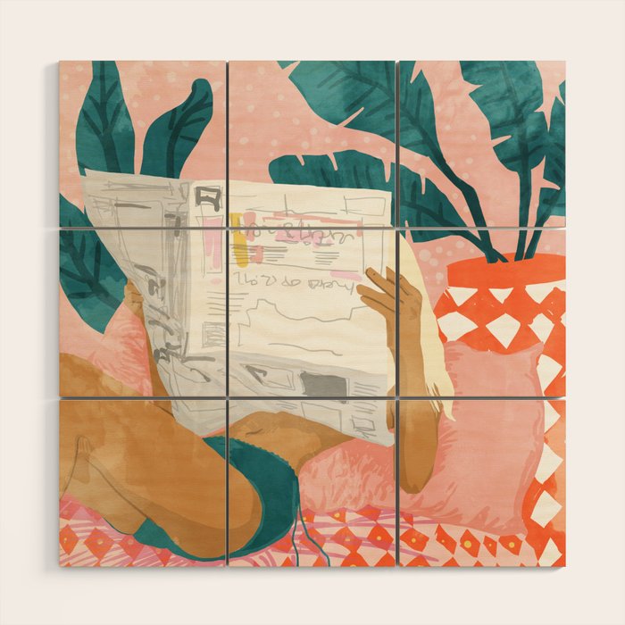 Modern Bohemian Morning Newspaper | Tropical Banana Leaves Palm Watercolor | Boho Woman & Decor Wood Wall Art