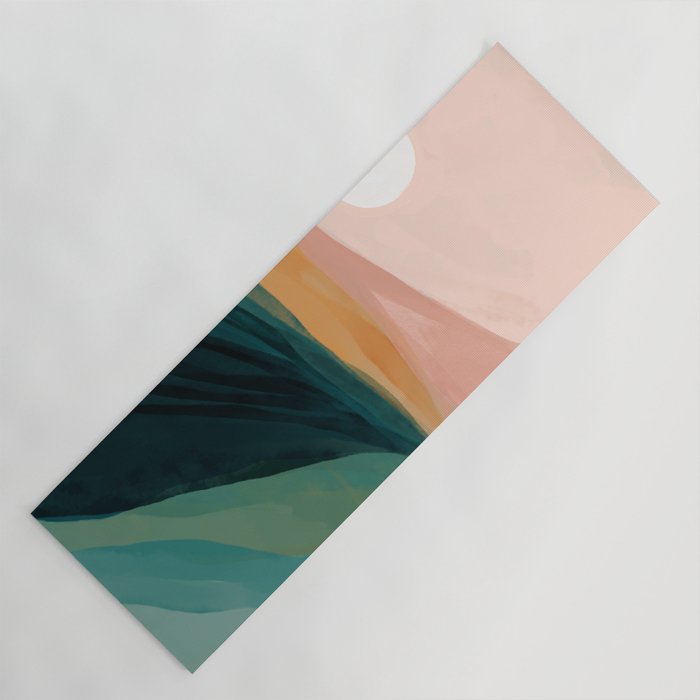 Pink, Green, Gold Moon Watercolor Mountains Yoga Mat