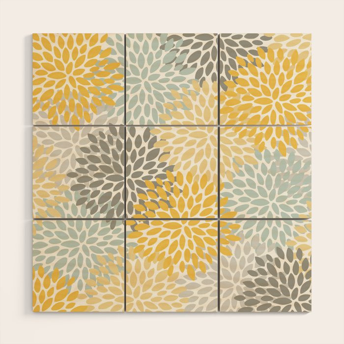 Floral Pattern, Yellow, Pale, Aqua And Gray Wood Wall Art