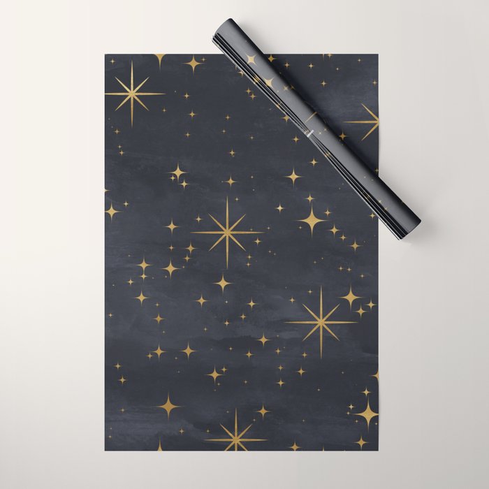 Gold Stars Black Ink Night Sky Magical Mid Century Pattern Wrapping Paper