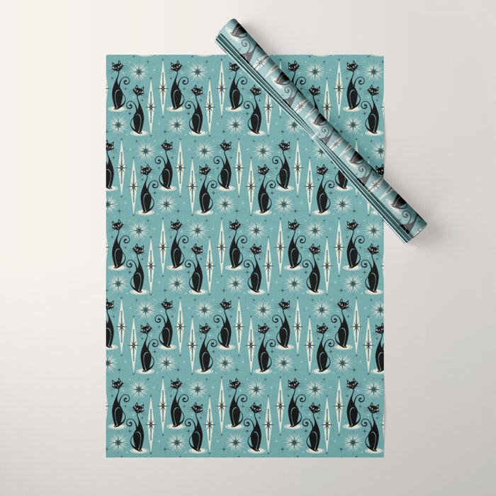 Mid Century Meow Retro Atomic Cats On Blue Wrapping Paper