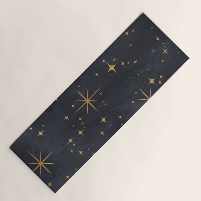 Gold Stars Black Ink Night Sky Magical Mid Century Pattern Yoga Mat