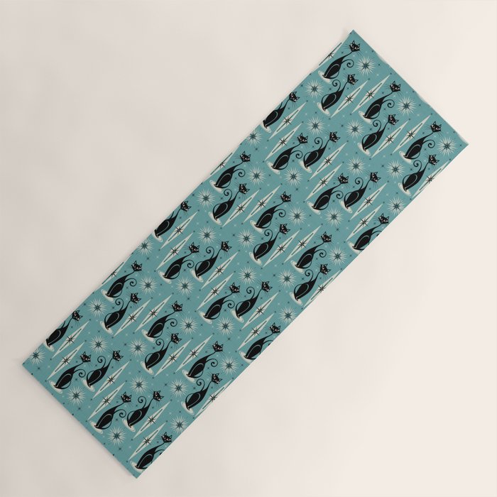 Mid Century Meow Retro Atomic Cats On Blue Yoga Mat