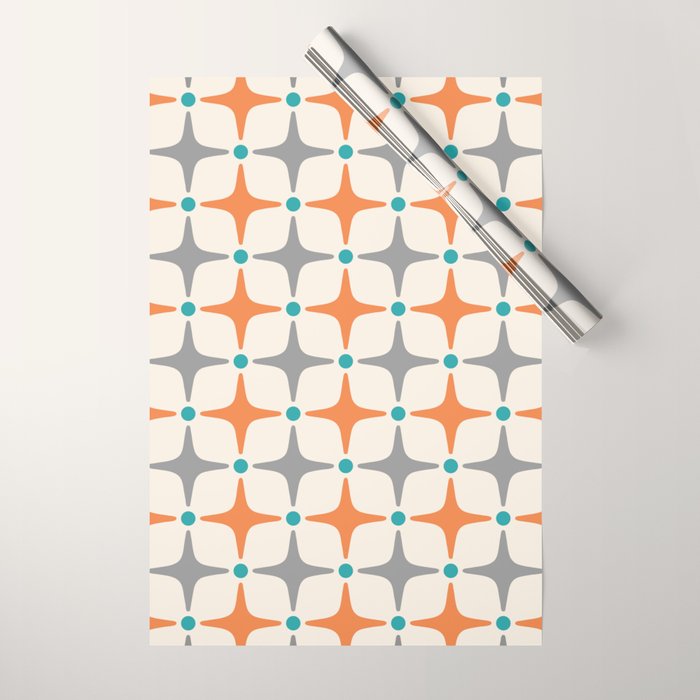 Mid Century Modern Starburst Pattern 993 Pattern Grey Blue And Orange Wrapping Paper