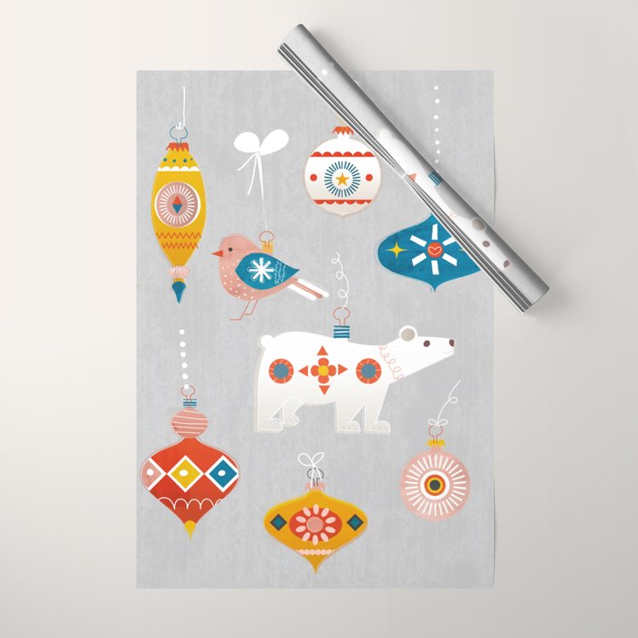 Christmas Vintage Decorations With Bear And Bird Wrapping Paper