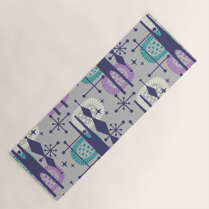 Retro Atomic Mid Century Pattern Grey Teal Blue And Lavender Yoga Mat