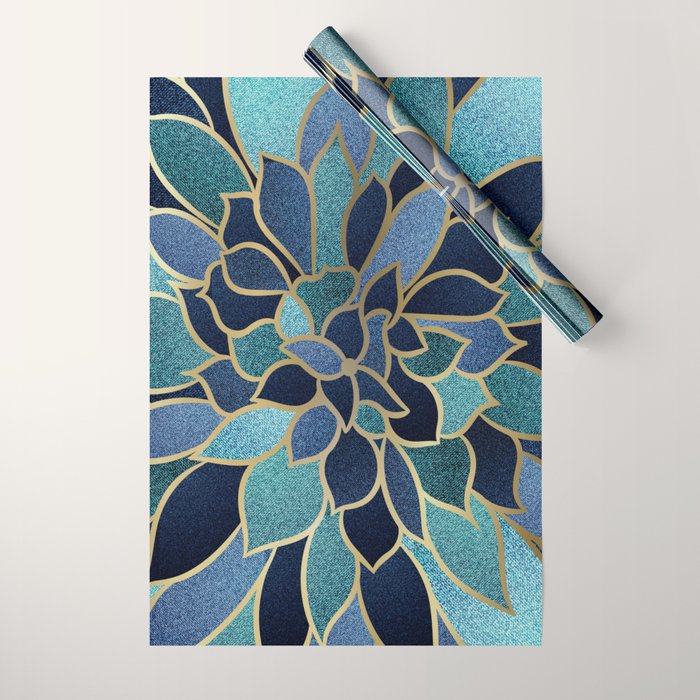 Festive, Floral Prints, Navy Blue, Teal And Gold Wrapping Paper