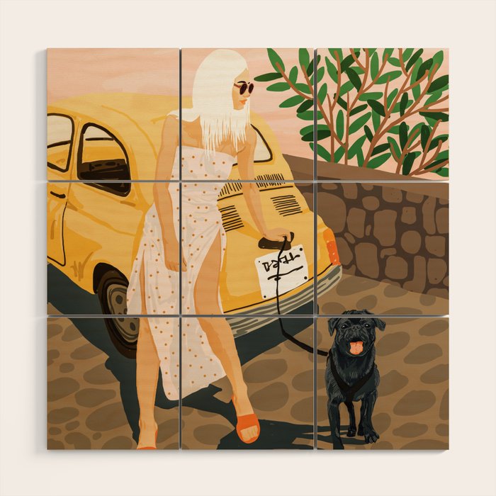 Tour, Pet Dog Walk, Italy Summer Fashion Woman, Animal Illustration, Travel Bohemian Cooper Painting Wood Wall Art